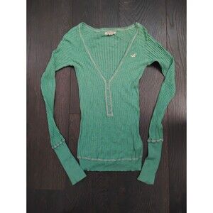 Hollister Vintage Green Long Sleeve Ribbed V-neck Top L Preppy Y2K 90's